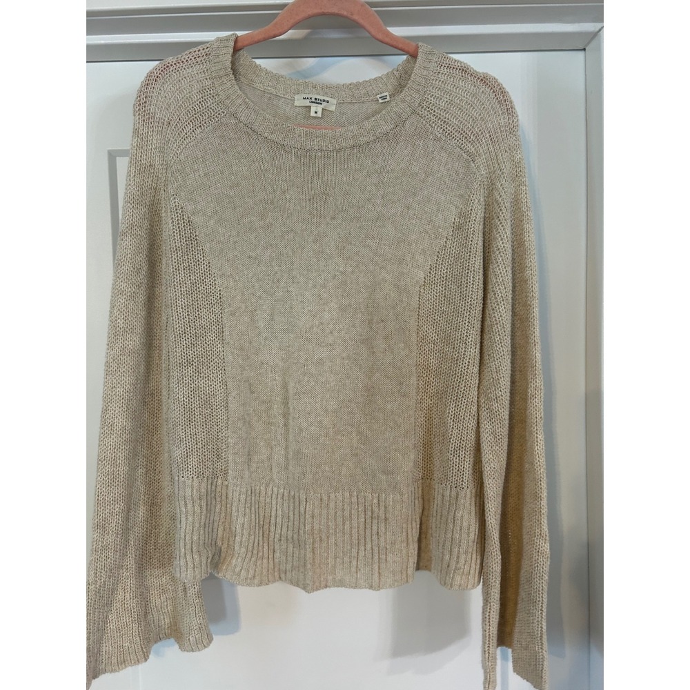Max Studio London Beige Knit Sweater Crew Neck Womens Medium Cottagecore Coastal